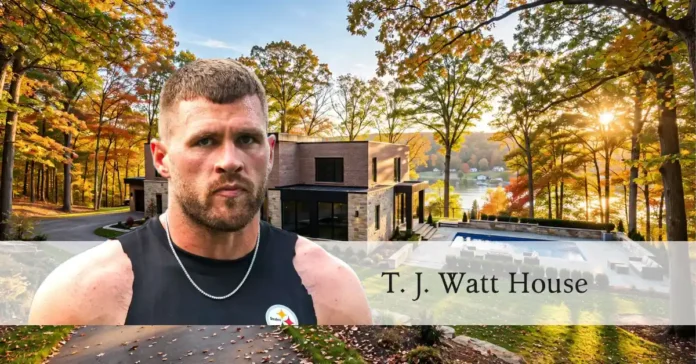 Aerial view of T. J. Watt House in Baden PA featuring a large brick estate with a pool and wooded surroundings.