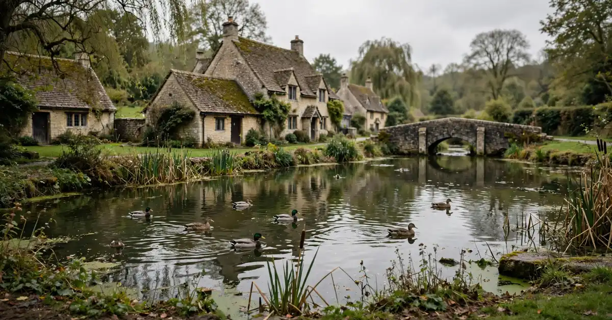 Traditional village pond with ducks and surrounding cottages