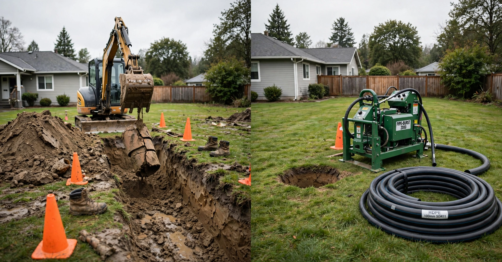 Trenchless pipe bursting versus traditional sewer line excavation comparison