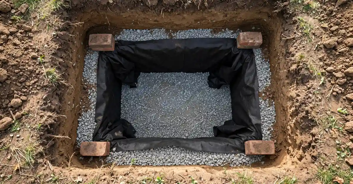 Gravel drainage base prepared for irrigation valve box installation