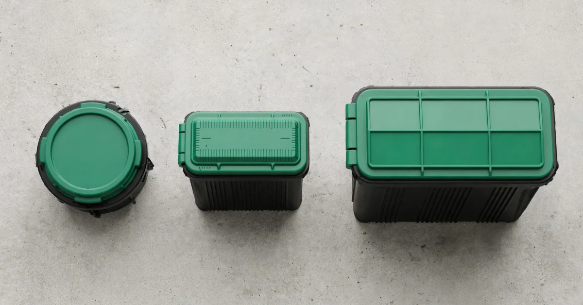 Round, rectangular, and jumbo irrigation valve boxes compared side by side