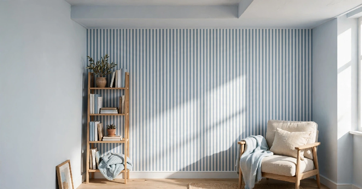 Vertical striped accent wall used to make a low ceiling look taller