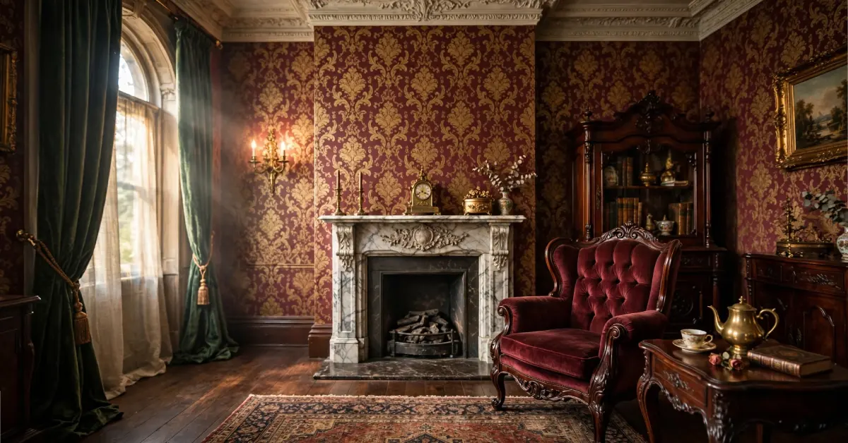 Victorian-era vintage living room with ornate furniture and patterned wallpaper
