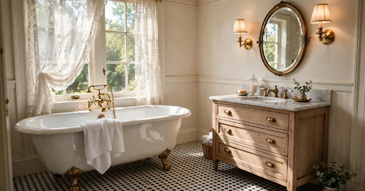 Vintage bathroom with clawfoot tub, brass fixtures, and hexagon tile