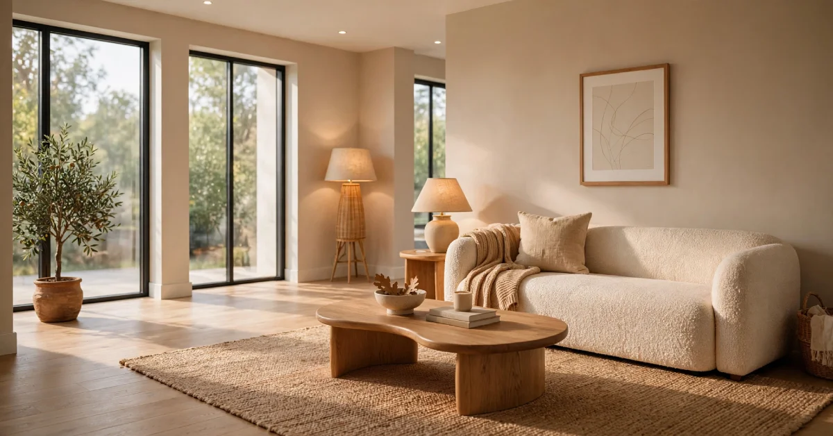 Warm neutral living room showing current interior design trends with natural materials and layered lighting