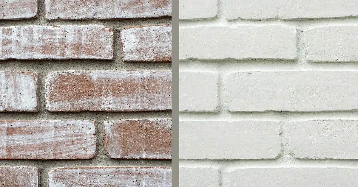 Side-by-side comparison of whitewash and limewash finishes on brick
