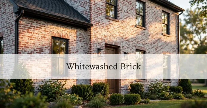 Whitewashed brick exterior on a farmhouse-style home with visible texture
