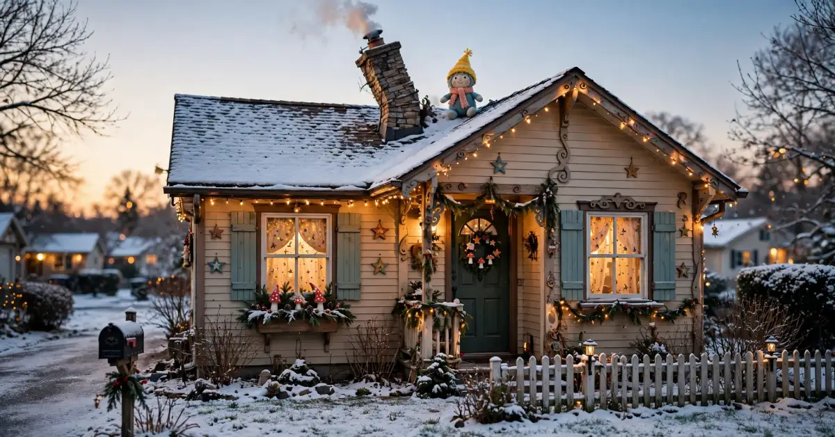 Storybook style holiday house decorated like a whimsical winter village