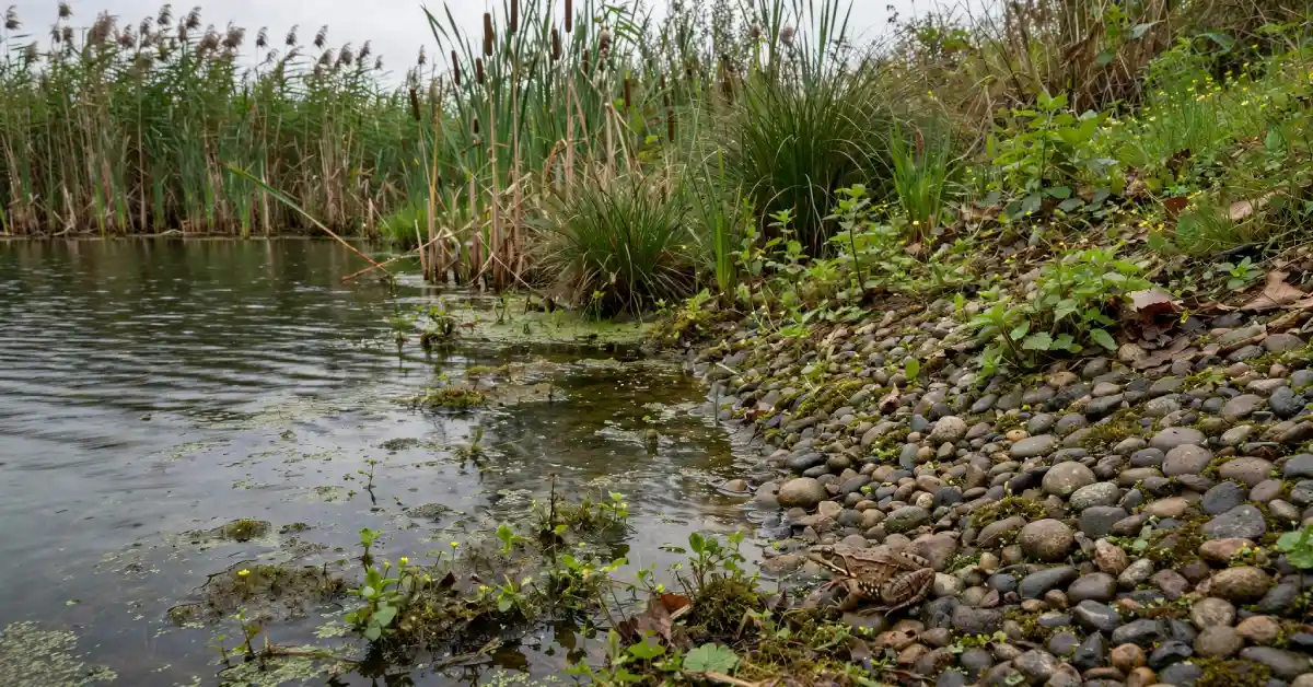 Wildlife pond with sloped edges, reeds, and a frog near the water