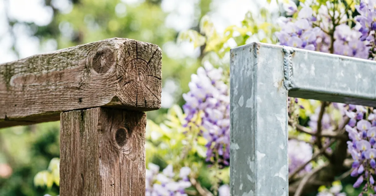 Wooden and metal wisteria trellis materials in a garden
