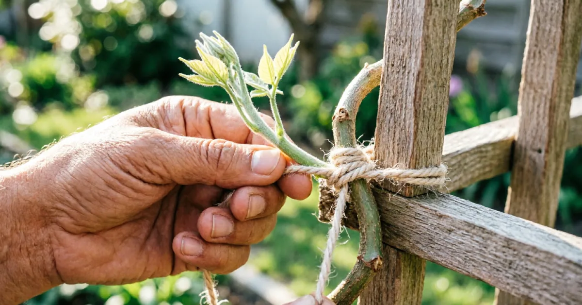 Gardener tying wisteria stems to a trellis for training