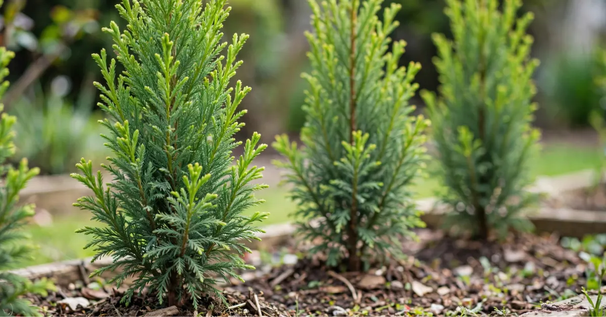Young Leyland cypress tree showing fresh green growth tips