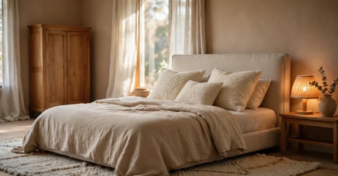 Bedroom interior design ideas with warm neutral tones and layered textures