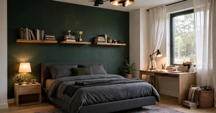 Boys bedroom idea with neutral walls, layered lighting, and built-in storage