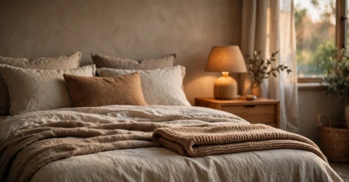 Cozy bedroom with warm neutral tones, layered bedding, and soft lighting