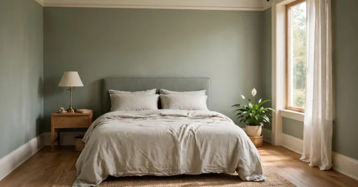 Green bedroom with sage walls, linen bedding, oak bedside table and a potted peace lily by the window
