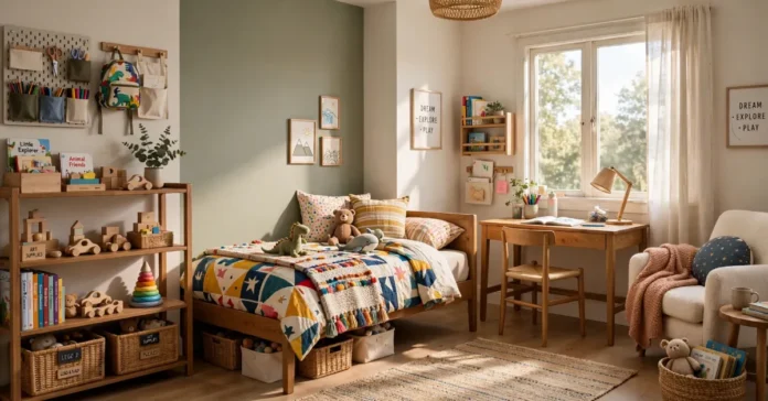 Modern kids bedroom with colorful bedding, wooden furniture, organized storage shelves, study desk by window, and neutral walls with accent color