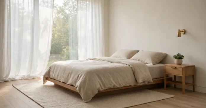Minimalist bedroom idea with a low platform bed, neutral linen bedding, and clean lines