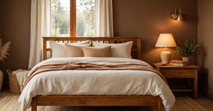 Warm bedroom aesthetic with earthy tones, wood furniture, plants, and layered lighting creating a cozy inviting space