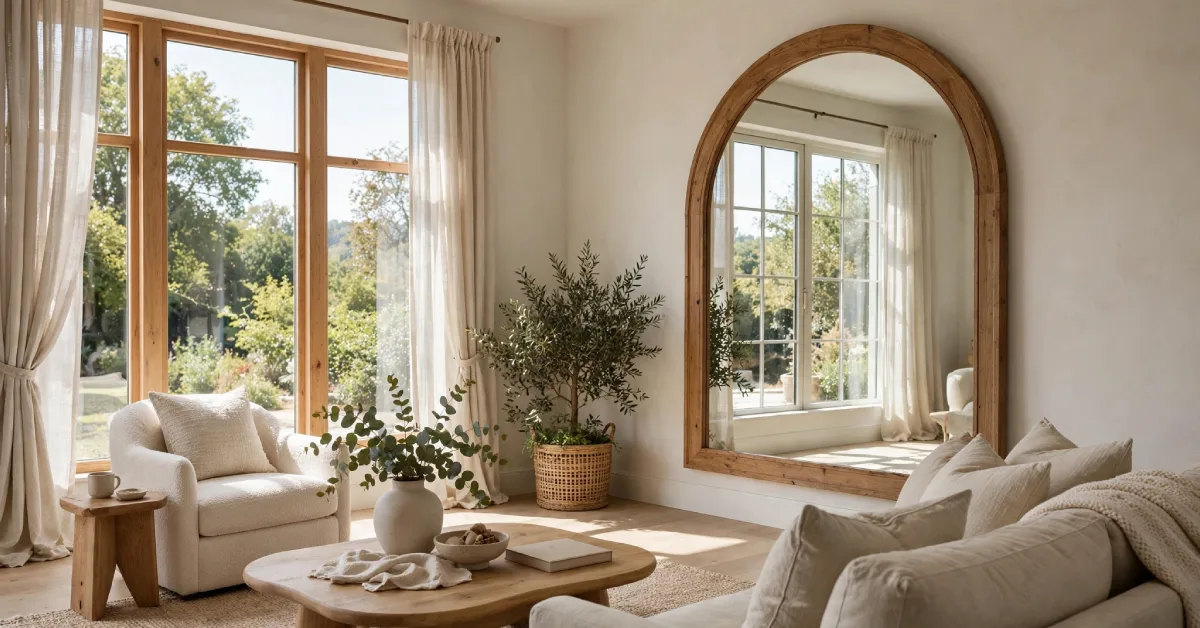Large arched mirror hung across from a window to reflect natural light into a living room