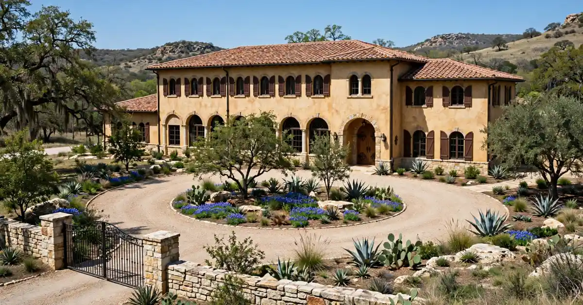Tuscan-style villa exterior similar to the Austin, Texas family compound