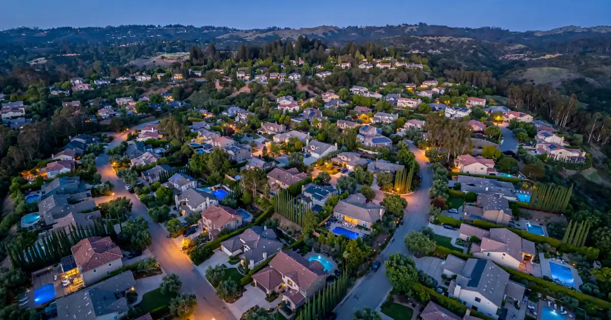 Aerial view of a private Bay Area neighborhood near Santa Clara