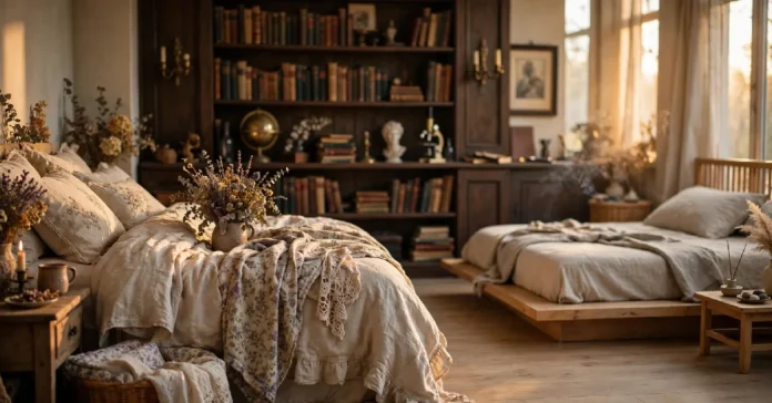 Bedroom decorated with a blended aesthetic showing cottagecore linens, dark wood accents, and minimalist furniture