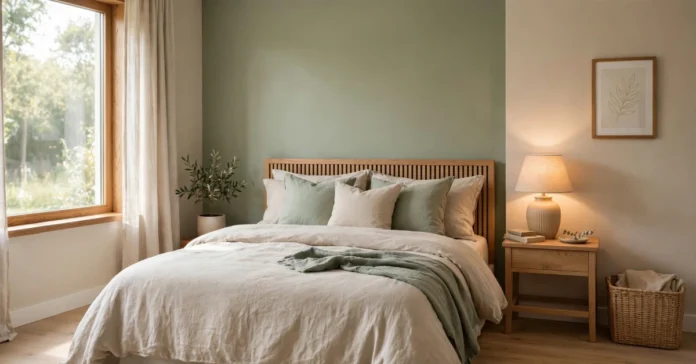 sage green and beige bedroom color combination on walls and bedding