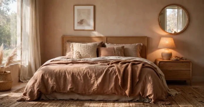 warm bedroom decor ideas with cozy lighting and layered bedding