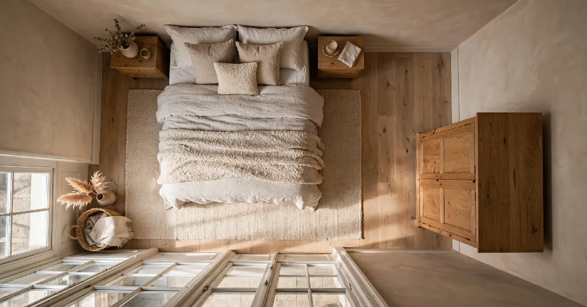Bedroom furniture layout with bed centered and clear walking space