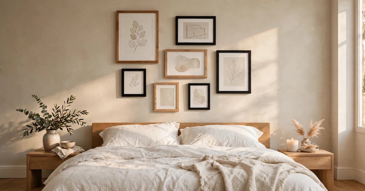 Curated gallery wall of mixed frames arranged above a bed with white linens
