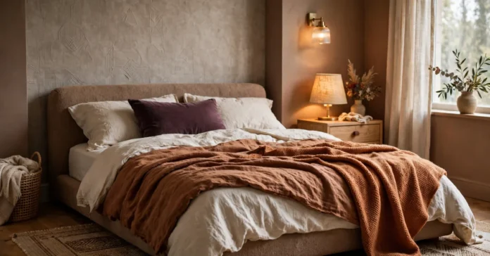 cosy bedroom ideas with warm neutral colours and soft lighting