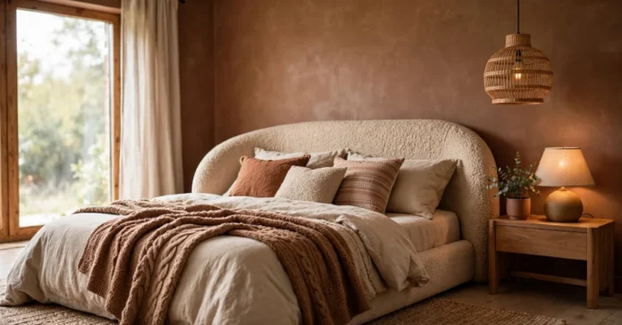 Cosy modern bedroom with layered lighting, a textured headboard and a warm cocoa colour palette