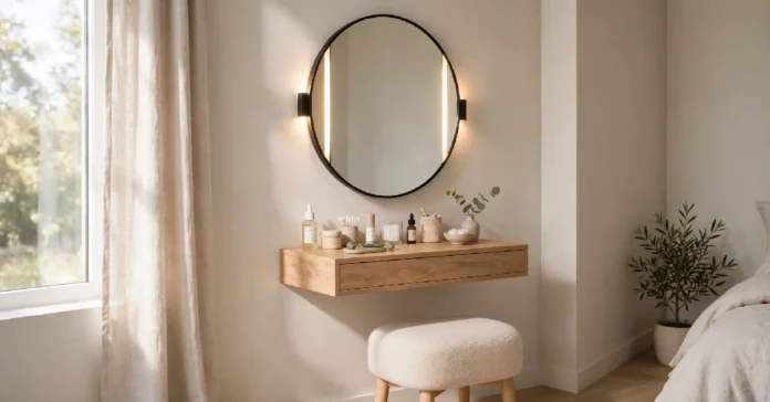 Small bedroom vanity ideas with a floating desk, round mirror, and warm side lighting