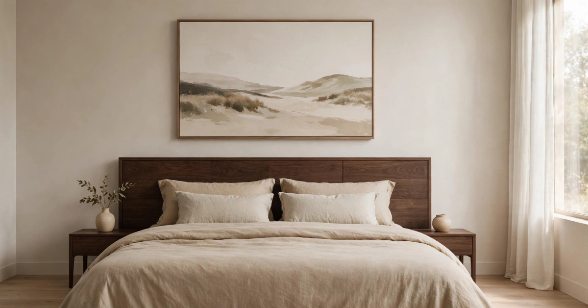 Framed canvas sized to two-thirds of a king bed width above a walnut headboard