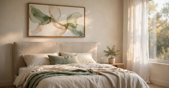 Bedroom with framed sage green wall art hung above a linen headboard