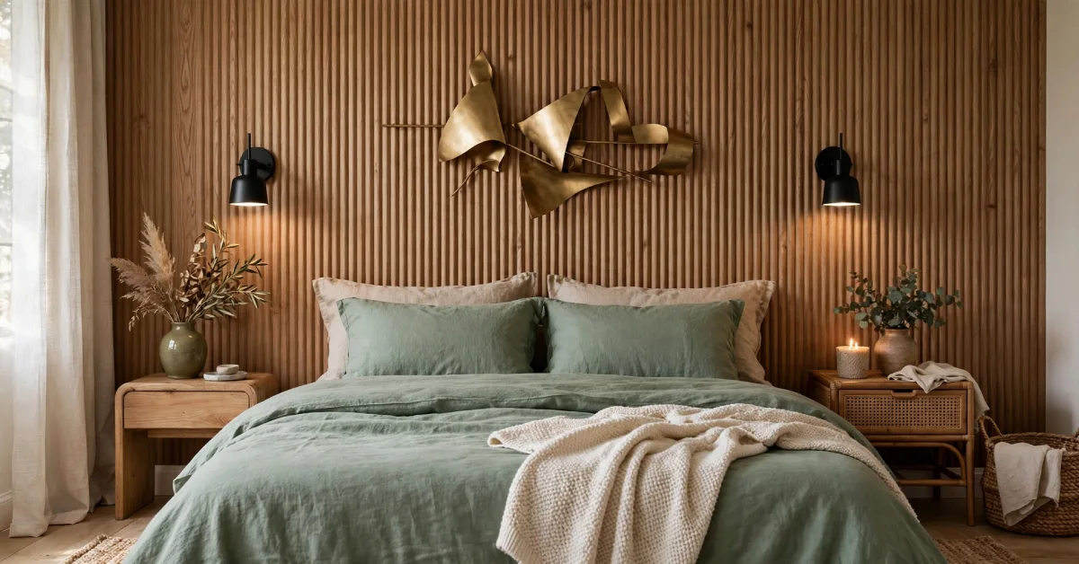 Ribbed wood accent wall with brass wall art and sage green bedding