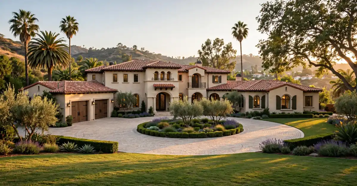 Exterior view of a large Mediterranean-style Brentwood estate similar to the Bob Iger house