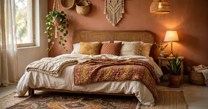 Boho bedroom with a rattan headboard, layered textiles, jute rug, and hanging plants