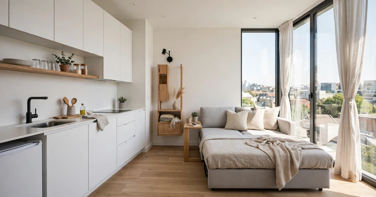 Compact studio-style interior layout of a Boxabl Casita prefabricated home