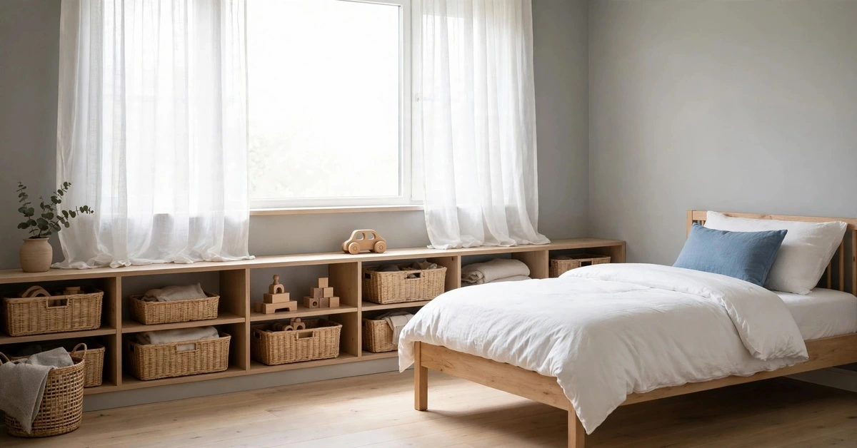 Boys bedroom idea with neutral walls and built-in storage baskets