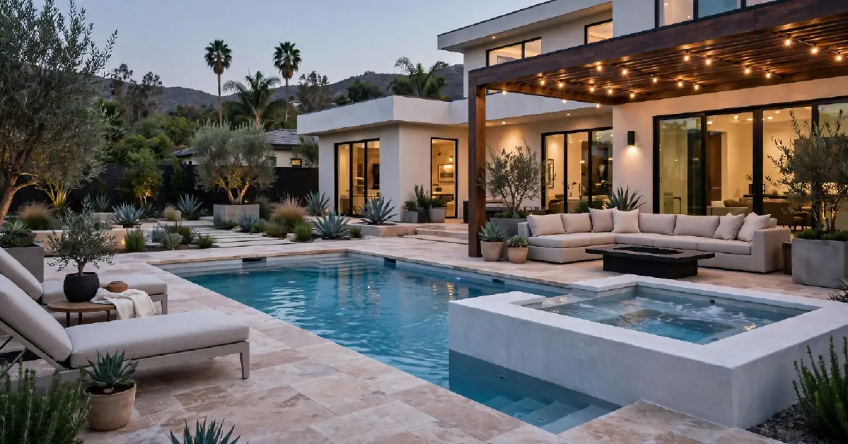 Renovated backyard pool and spa area at a Brentwood luxury home