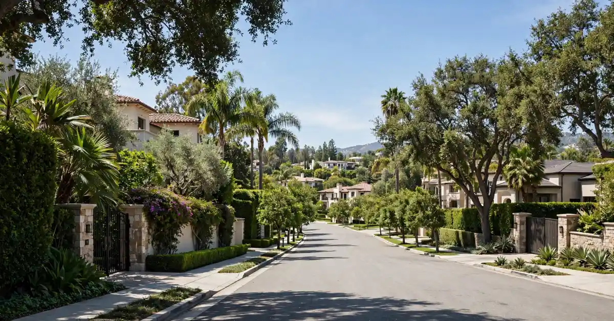 Tree-lined street in Brentwood Park showing gated luxury homes