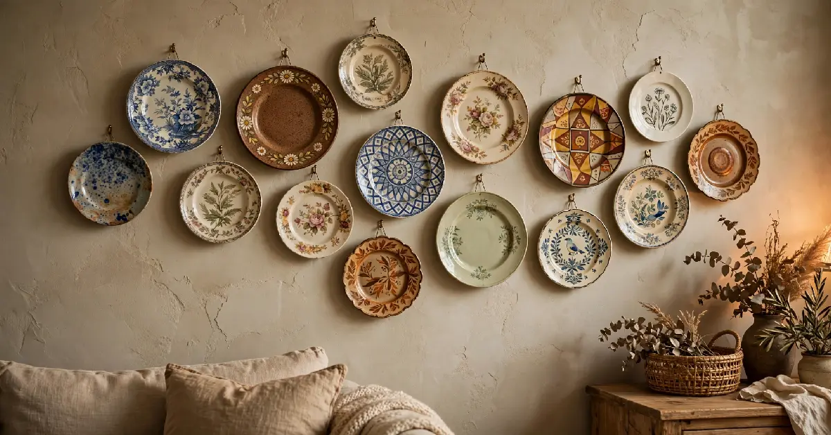 Thrifted ceramic plate wall display used as a budget-friendly living room decor idea