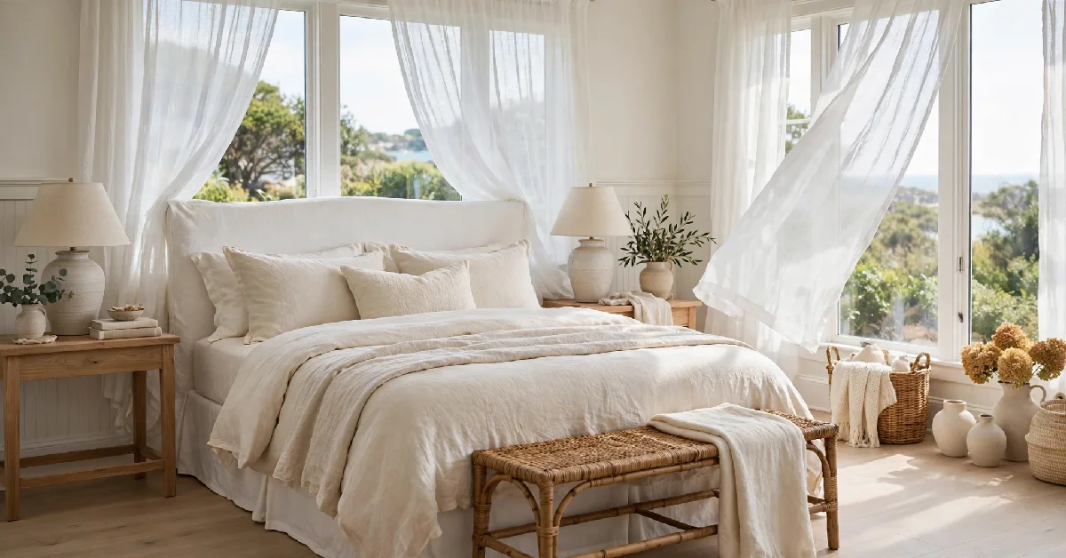 Coastal grandmother bedroom with linen bedding, a rattan bench, and sheer curtains