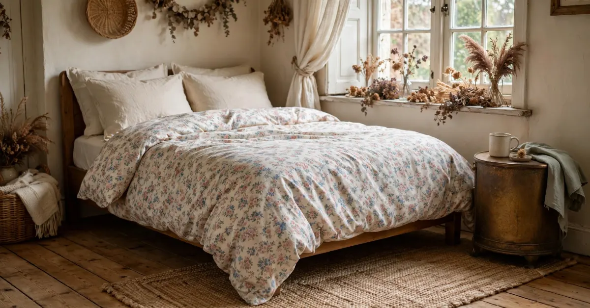Cottagecore bedroom with floral bedding, brass accents, and dried flowers on the windowsill