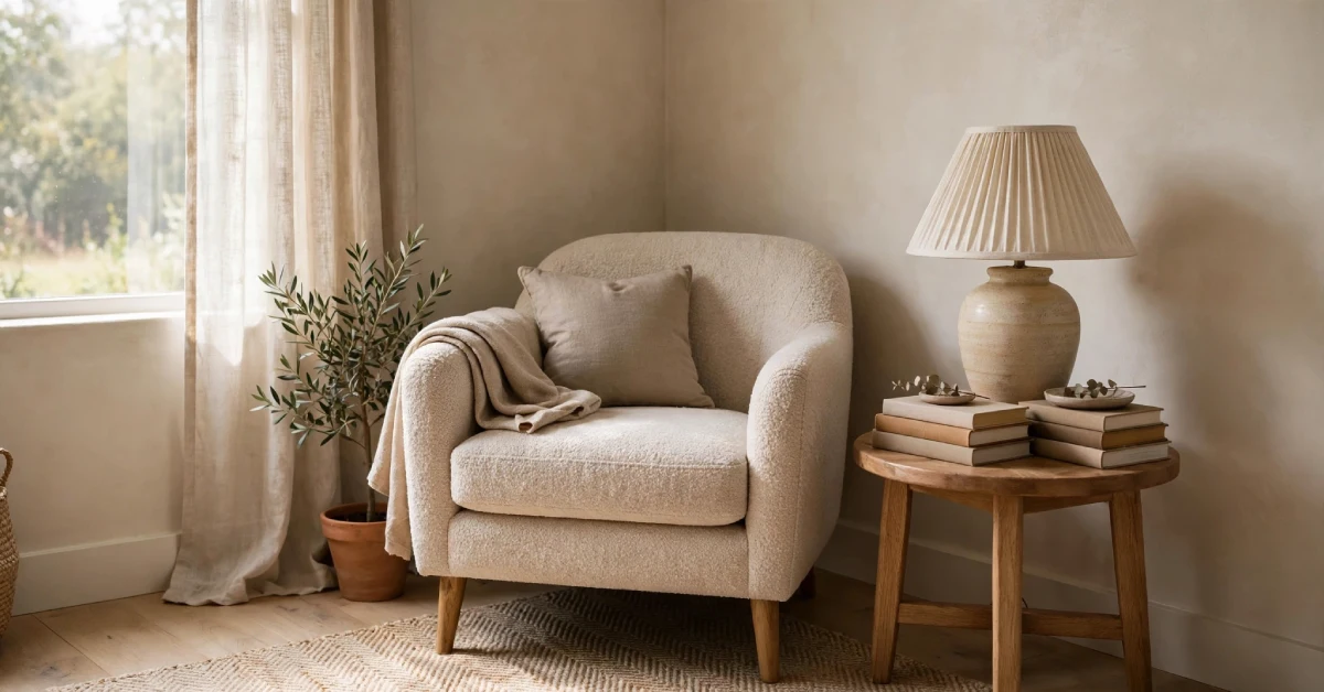 Small reading nook with armchair and lamp in a bedroom corner