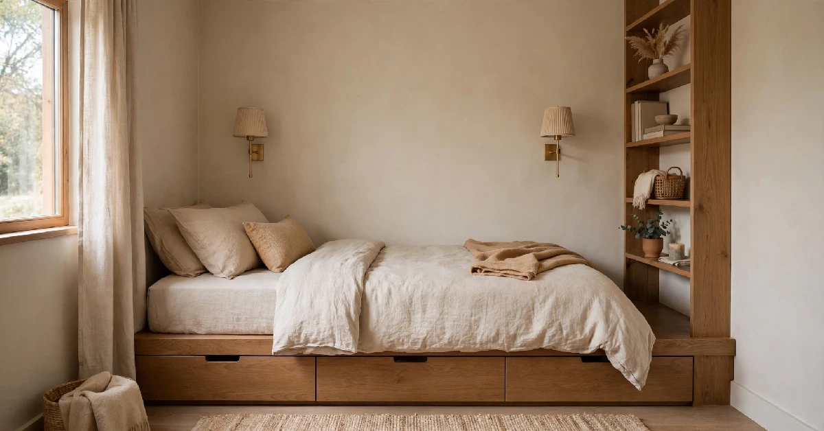 Small bedroom with storage bed and wall-mounted lighting
