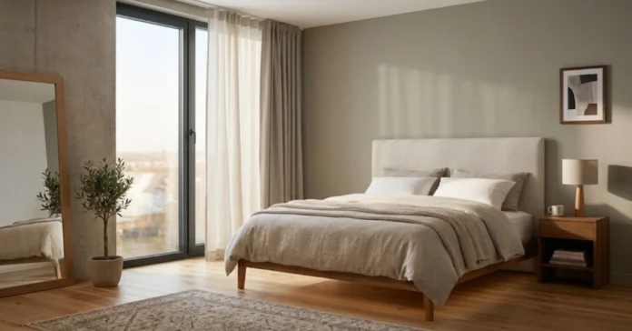 Bedroom curtains with layered sheer and blackout panels hung high beside a bed with linen bedding