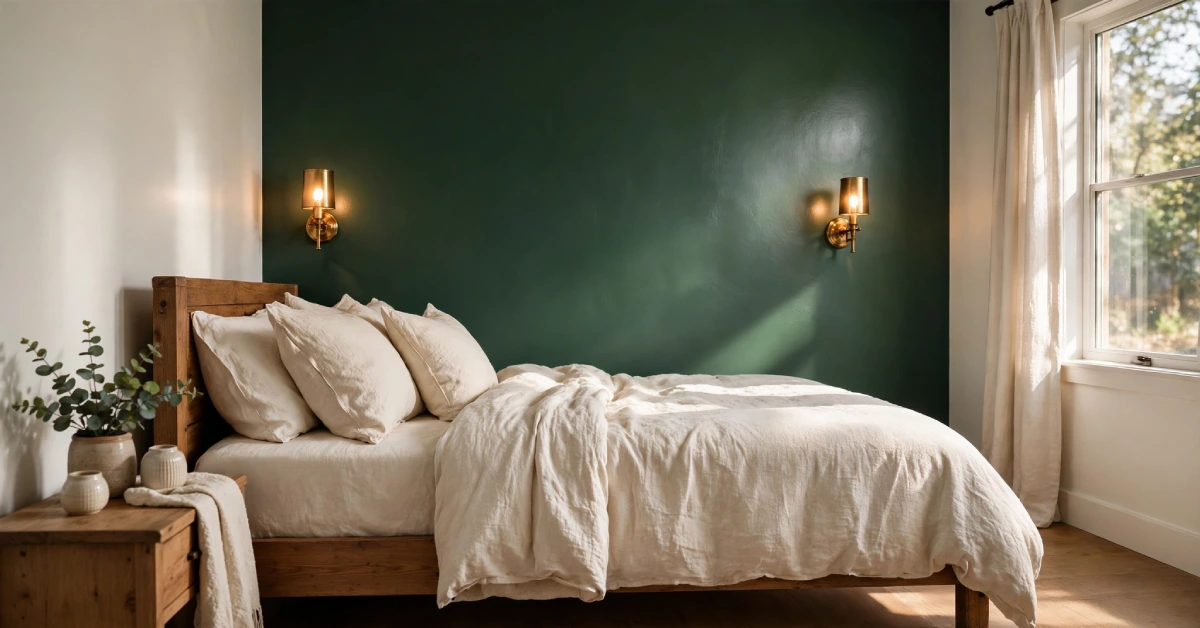 Bedroom with a dark green accent wall behind a wooden bed, warm white walls and brass lamps